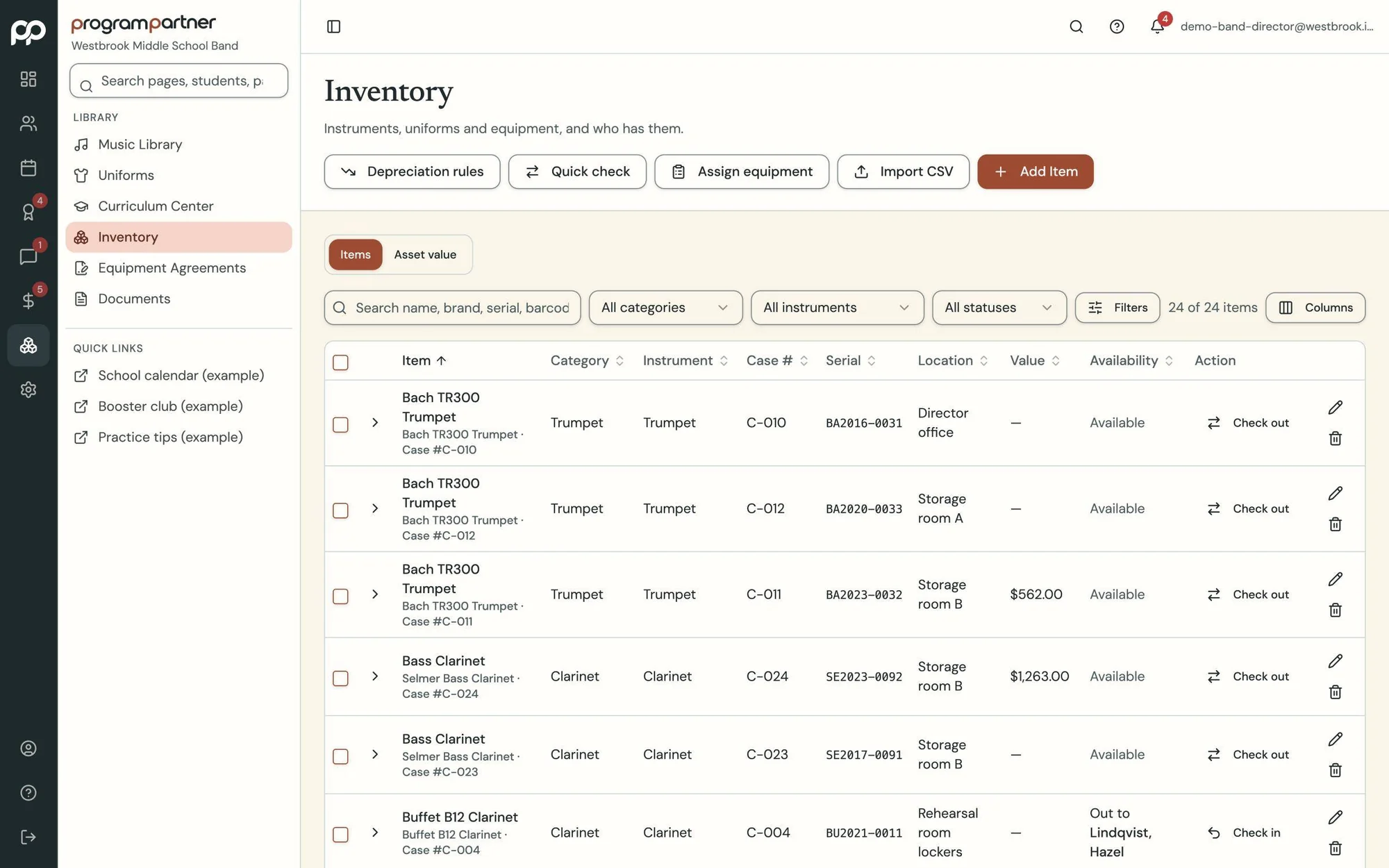 Program Partner screen: instrument inventory and check-outs
