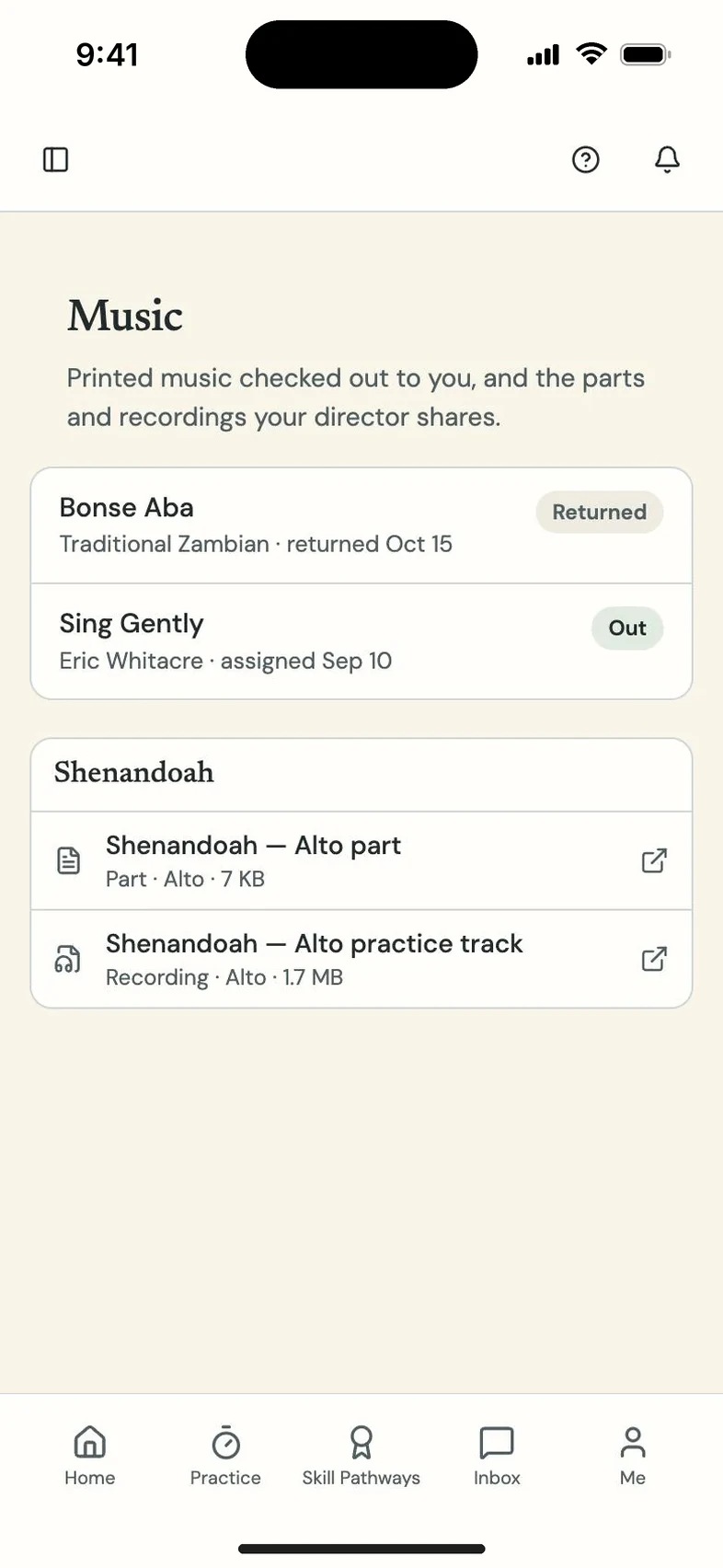 Program Partner screen: student part and practice track