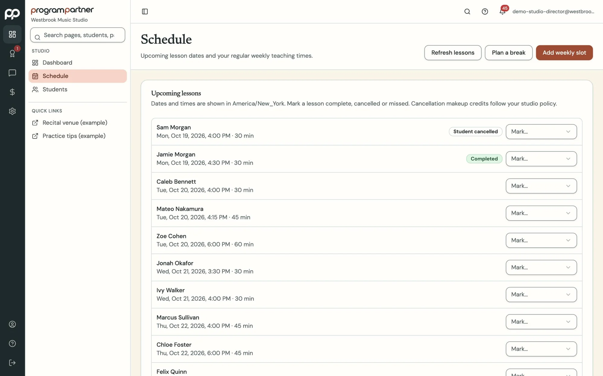 Program Partner screen: weekly lesson schedule